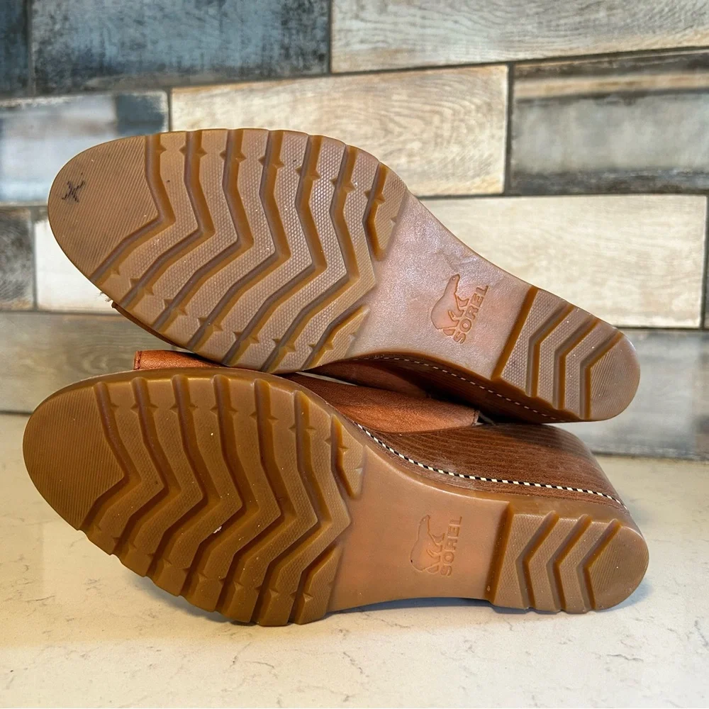 Sorel Nadia Camel Brown Leather Slingbacks Wedge Heeled Sandals - Picture 16 of 16